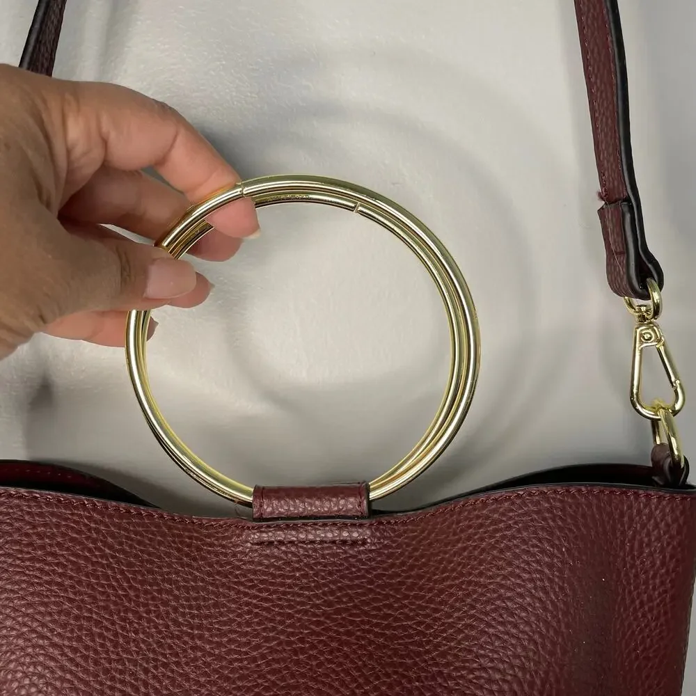 Katie Loxton London Burgundy Pebbled Bucket Crossbody Shoulder Bag Gold Ring